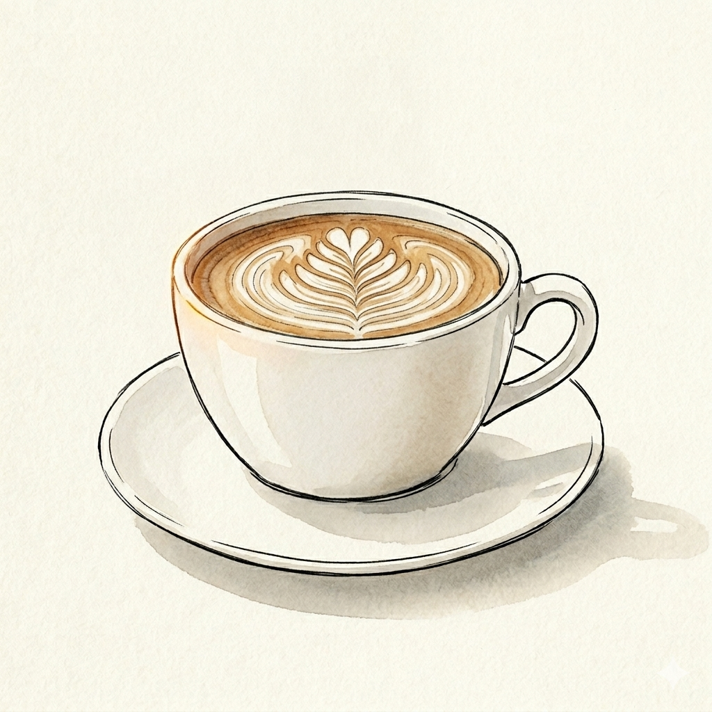 Sempé-spirit ink and wash: a cappuccino cup with a rosetta drawn through the milk foam, in pale espresso brown and cream. A small craft signature on the cover.
