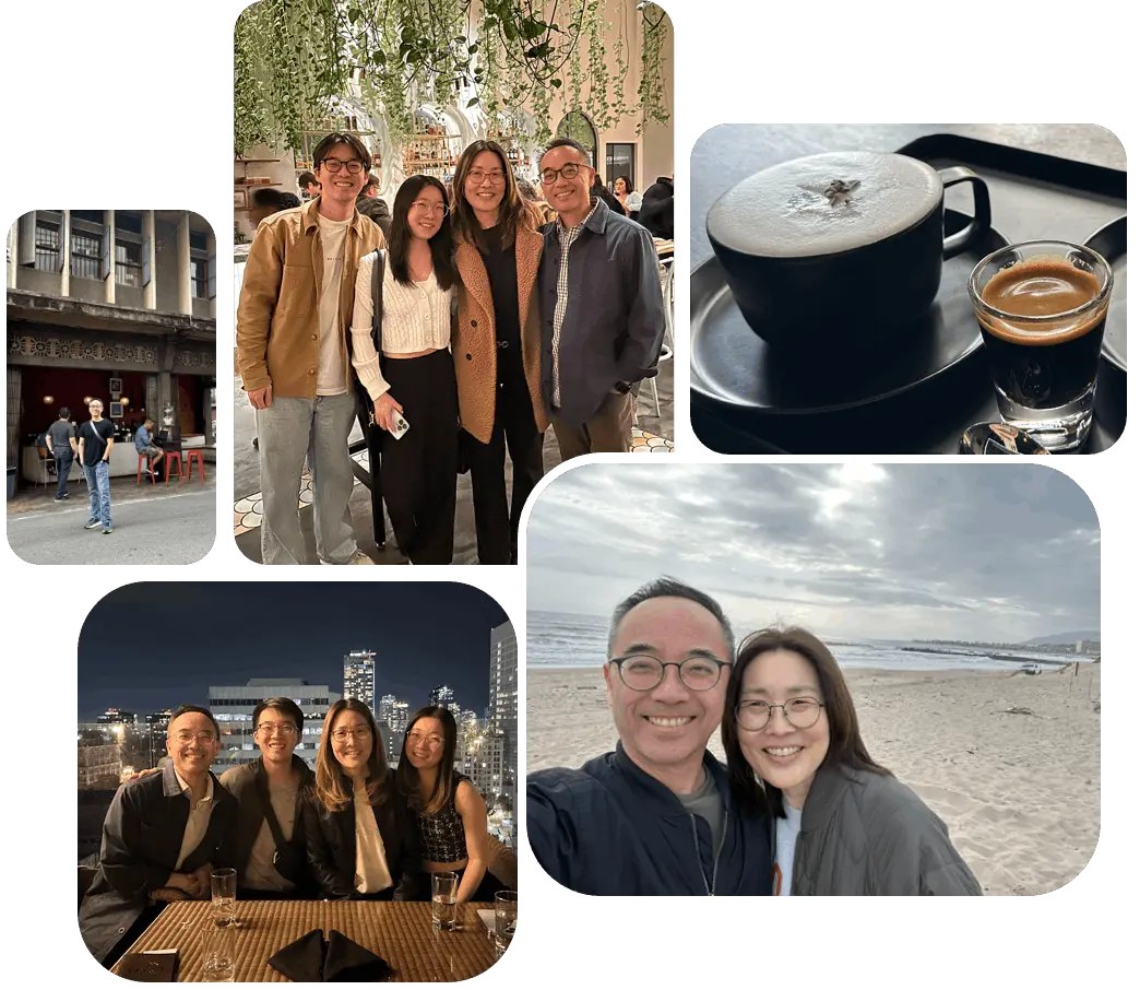 A cappuccino and an espresso on a café table, a night-time dinner with the family in front of a lit skyline behind, and me and the wifey in the background on a windy beach.