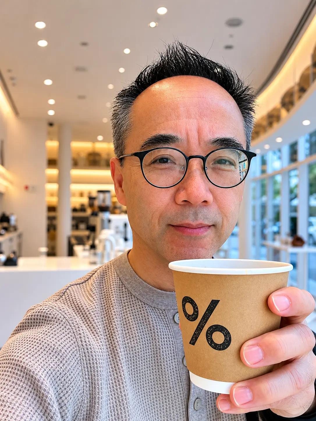 Alain Somphone holding a cup of coffee from Arabica.
