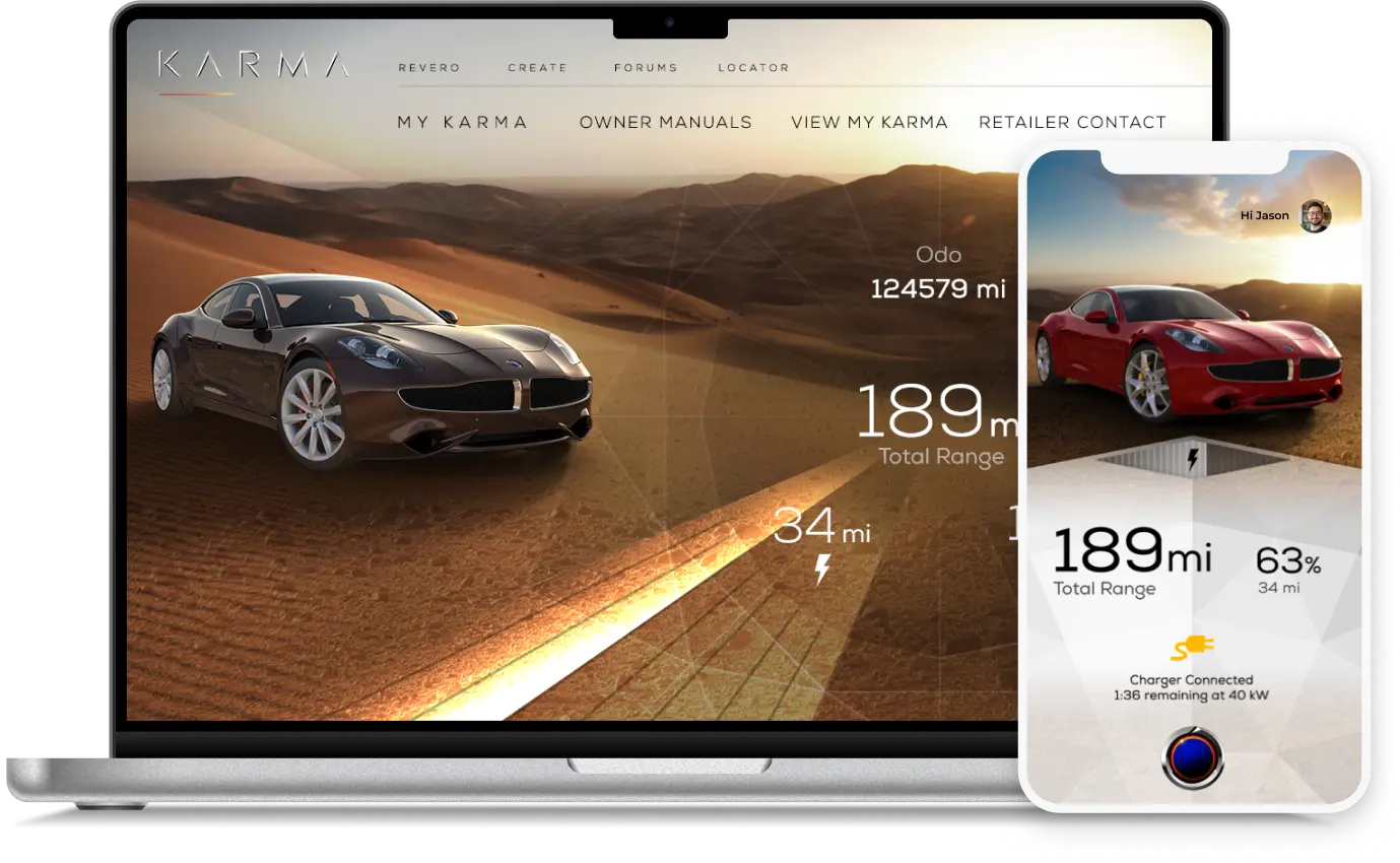 Karma Automotive owner portal shown on a laptop beside the companion mobile app displaying range and charge status.